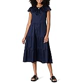 Amazon Essentials Women's Relaxed-Fit Cotton Sateen Crewneck Tiered Midi Dress