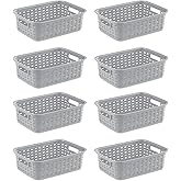 Sterilite 11 Inch Small Weave Open Bin Wicker Storage Basket Home Organizer Tote for Countertops, Bookshelves, and Closets, Cement, 8-Pack