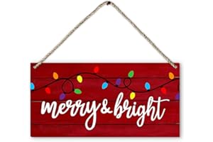 PHAMTE Merry And Bright Christmas Signs, Red Farmhouse Welcome Wooden Hanging Door Sign, Rustic Festive 12x6 Inch Home Decor Accents Wall Pediments
