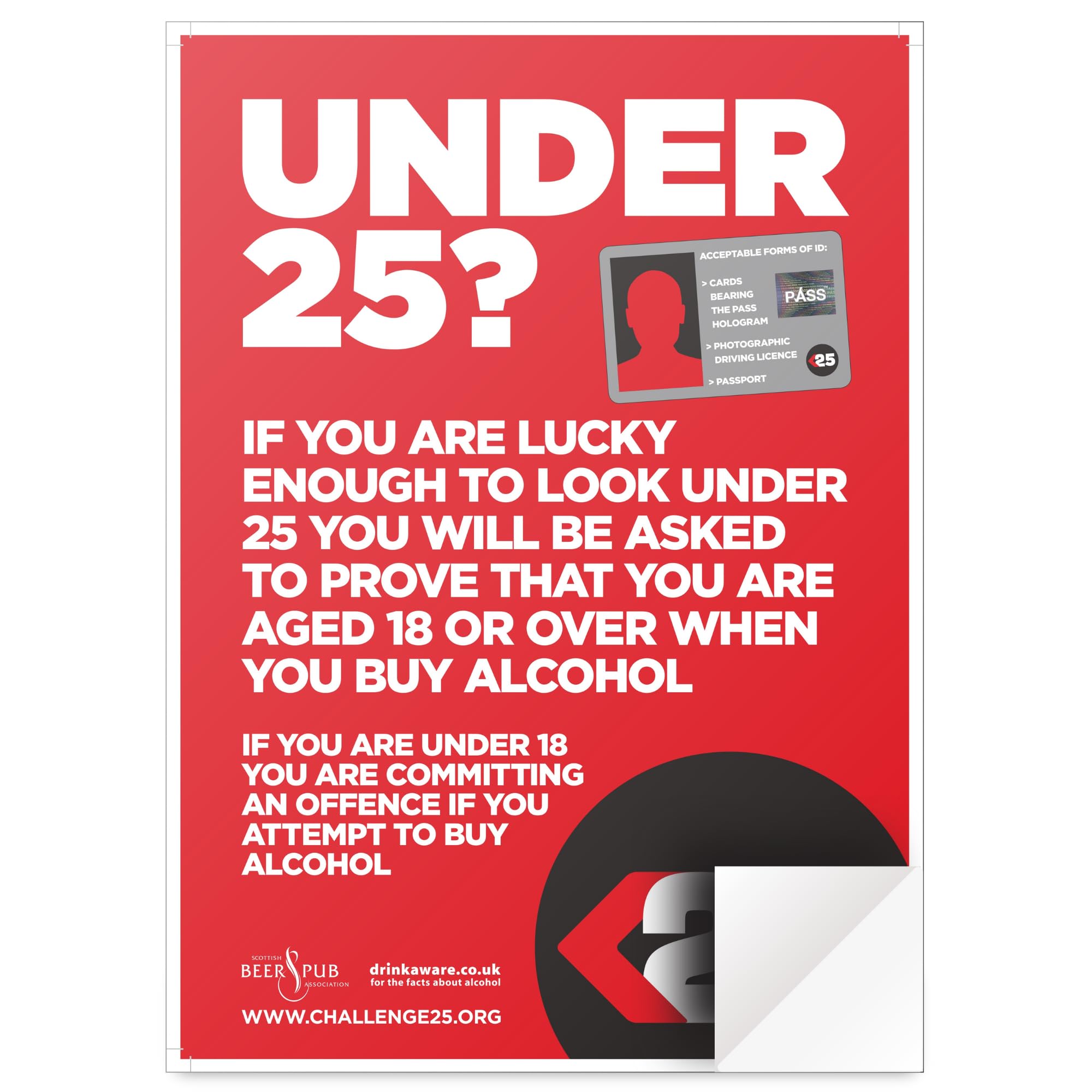 Challenge 25 Under 18 Sign STICKER - Drink Aware A4 Licensing law Poster, Red