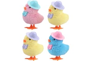 A-SZCXTOP 4Pack Easter Jumping Chick Wind Up Plush Toys for Toddlers Kids,Hopping Chick for Easter Bonnet Egg Hunt Toy Basket Fillers Gifts(Chicken in hat, 4.3inch)