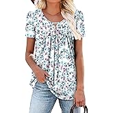 onlypuff Womens T Shirts Short Sleeve Pleated Floral Tunic Tops Dressy Casual Crew Neck Summer Boho Tops Blouses