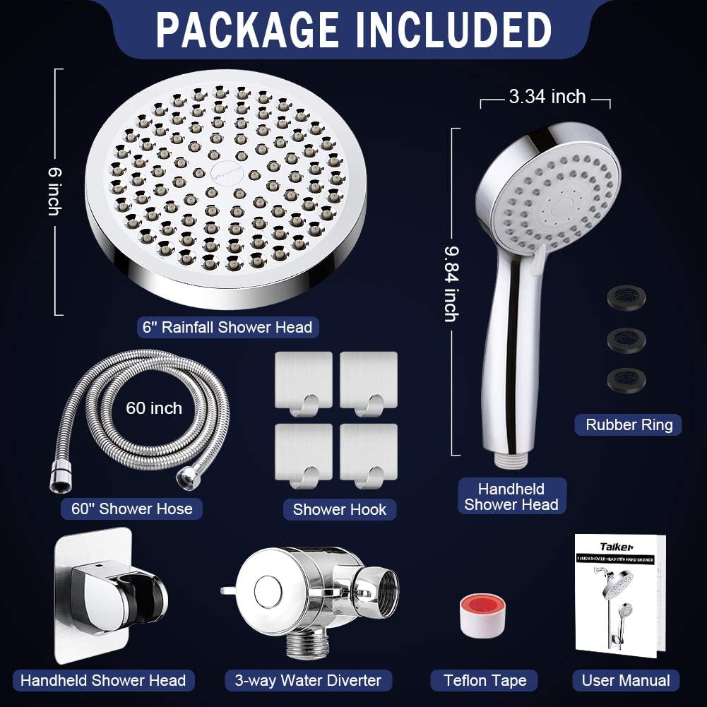 Taiker Shower Head, High Pressure Rainfall Shower Head/Handheld Combo, Luxury Modern Chrome Plated with 60'' Hose Anti-leak with Holder, 4 Shower Hooks - - 