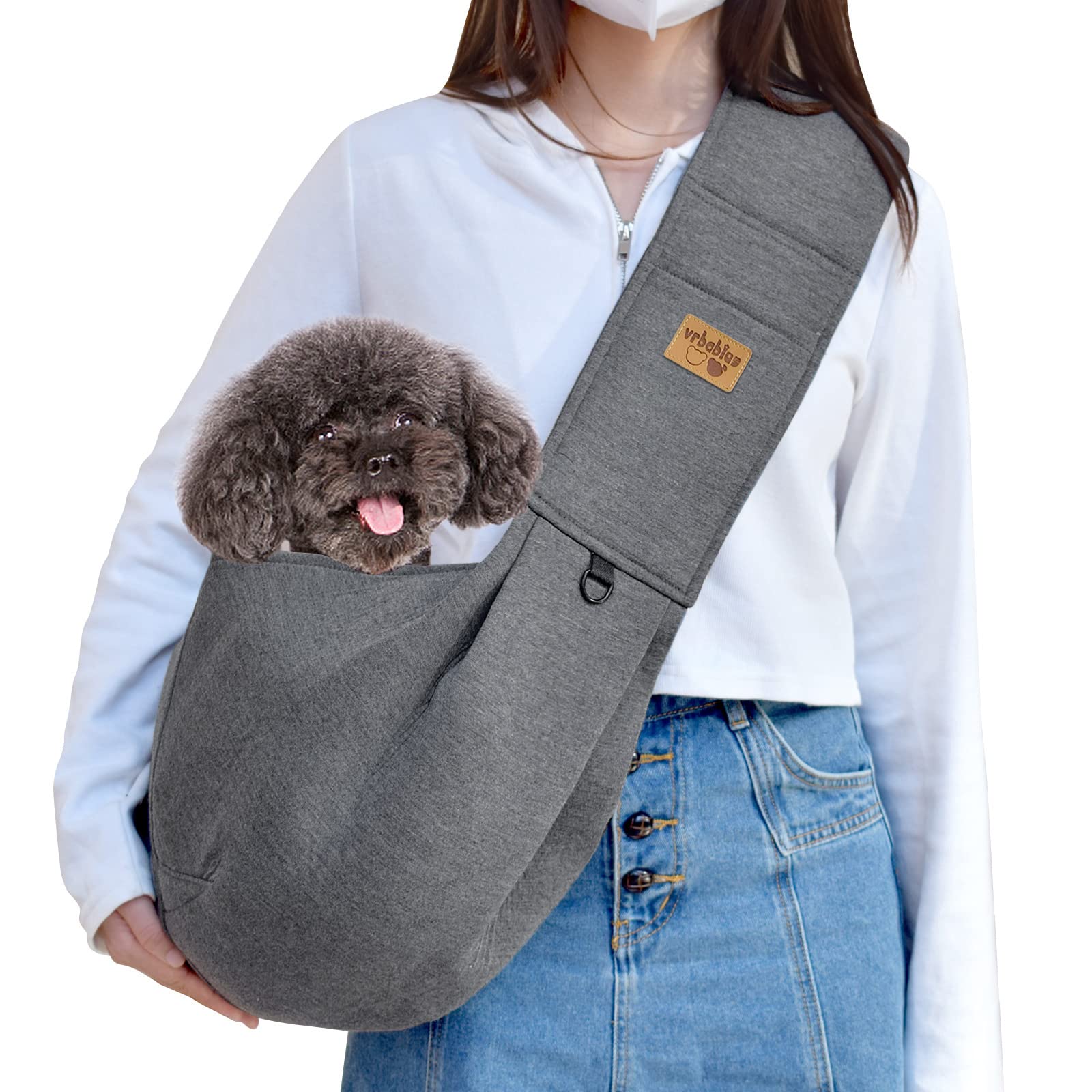 vrbabies Dog Carrier for Small Dogs, Puppy Sling Carrier with Adjustable Strap Soft Cotton Dog Carrier Bag Dog Sling Carriers with Pocket for Travel Outdoor (Thick straps, Dark Grey)