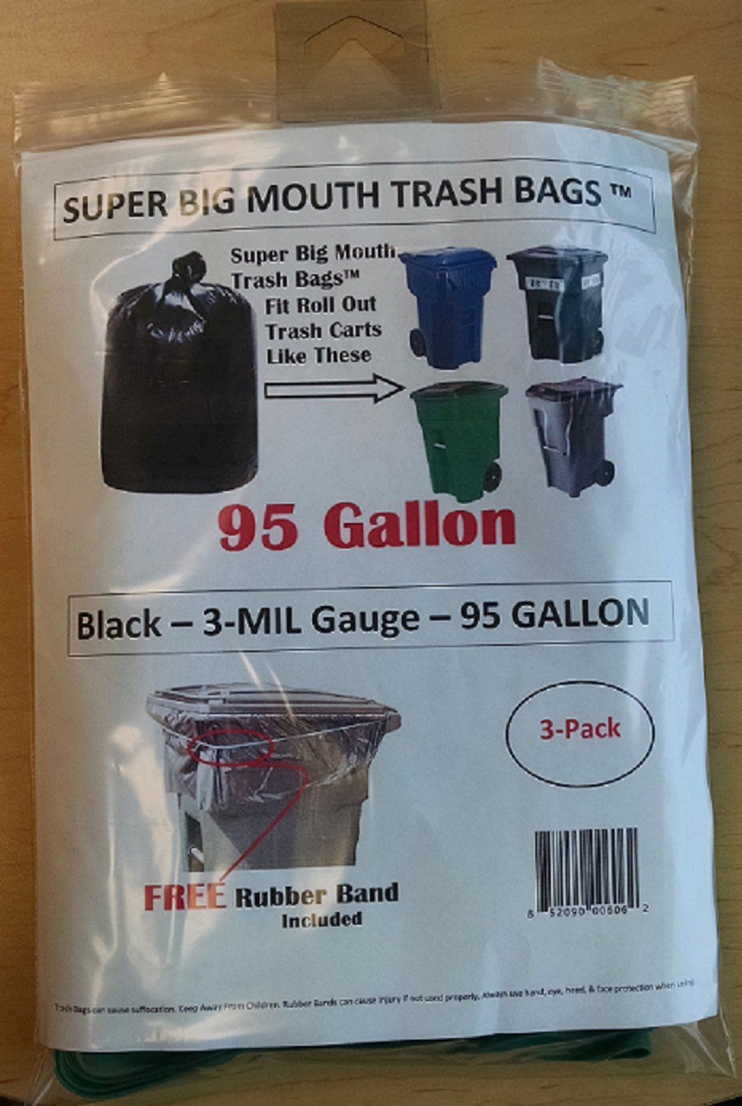 95 Gallon Super Big Mouth Trash Bags 3Pack Plus 1 Free Rubber Tie Down