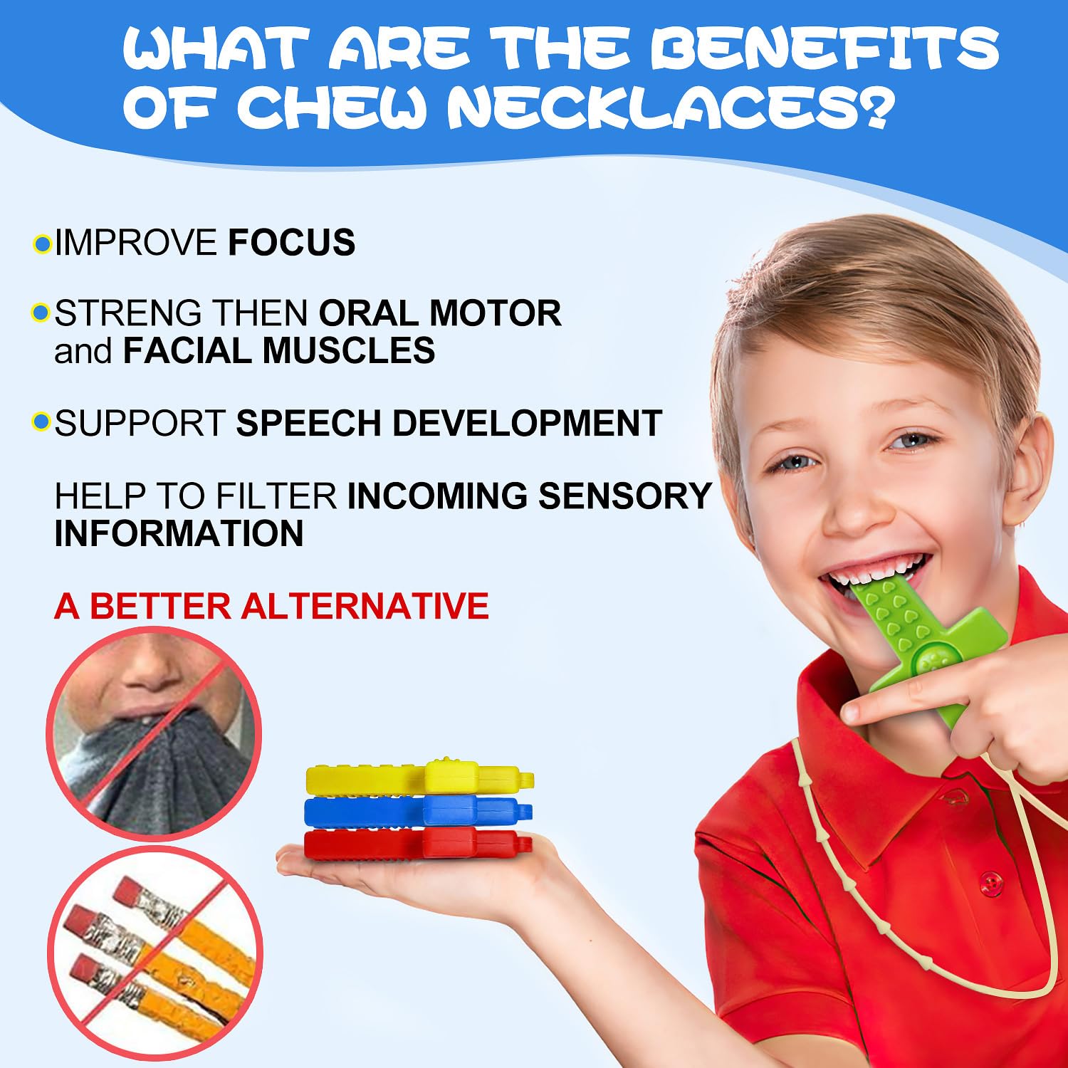 Chew Necklace Olele,3Pcs Silicone Sensory Chew Necklace Bundle for Kids with Teething, ADHD, Autism, Biting Needs, Oral Motor Chewy Teether for Boys,Girls, Perfect Gifts