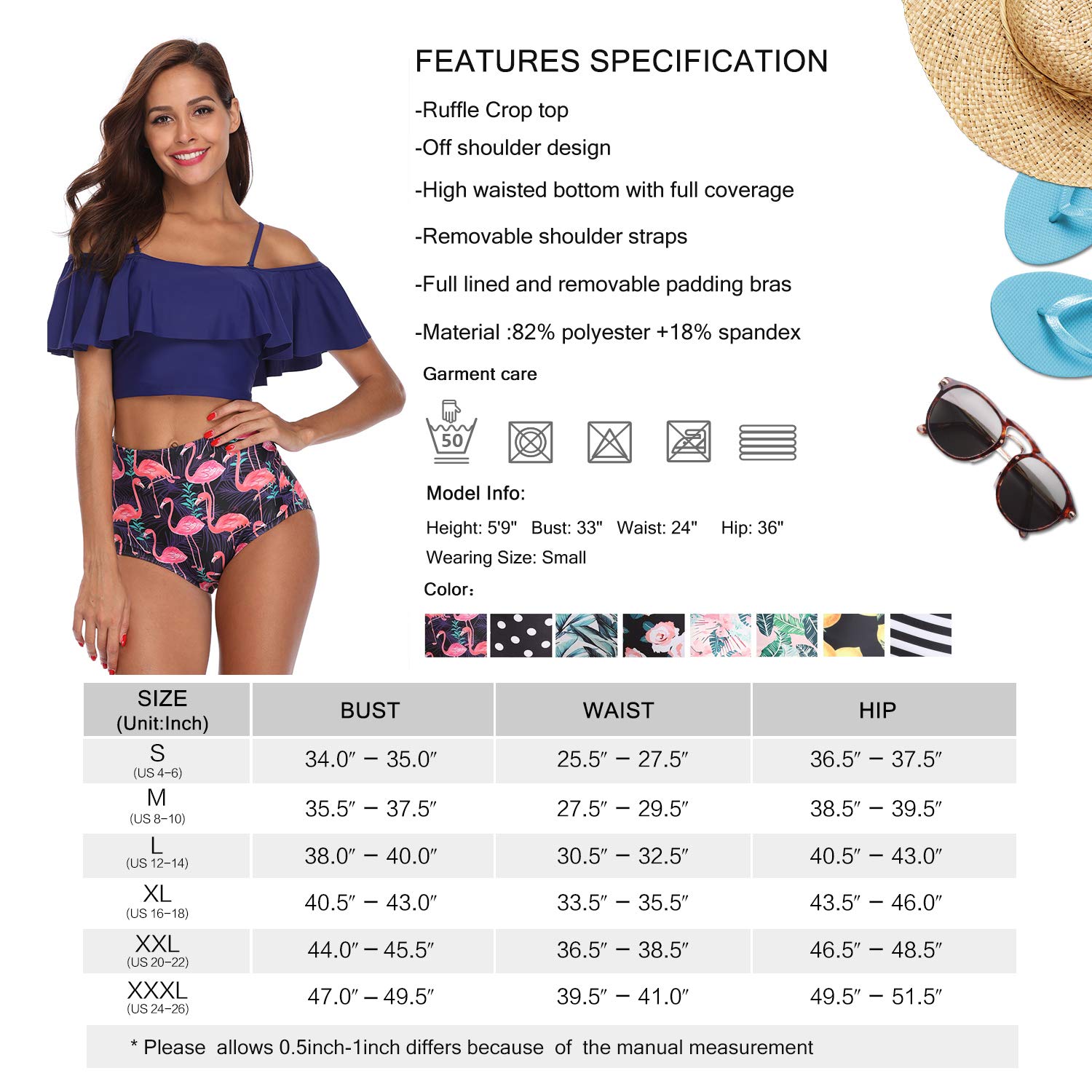 MarinaVida Women Off Shoulder Ruffle Swimsuit Crop Top Two Piece Bathing Suit