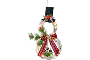 Artiflr 16 x 8 Inch Lighted Christmas Wreath Decoration, Grapevine Wreath with Hat and Bow Snowman Shape Wreath for Front Door Home Wall Decor (Red)