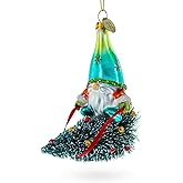 Gnome Adventurer Riding a Festive Tree Blown Glass Christmas Ornament