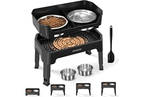 OIYEEFO 3 in 1 Elevated Dog Bowls Mess Proof: Raised Dogs Bowls - 4 Height Adjustable Dogs Bowl Stand with 2 * 53oz Stainless Steel Dog Food Bowl and Licking Plate for Small Medium Large & Pets,Black