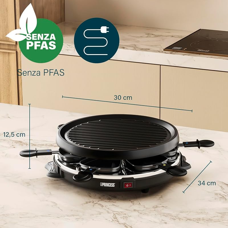 6 Party Grill raclette 162725, 800 W, 6 Persone, Forma rotonda intelligente, Nero