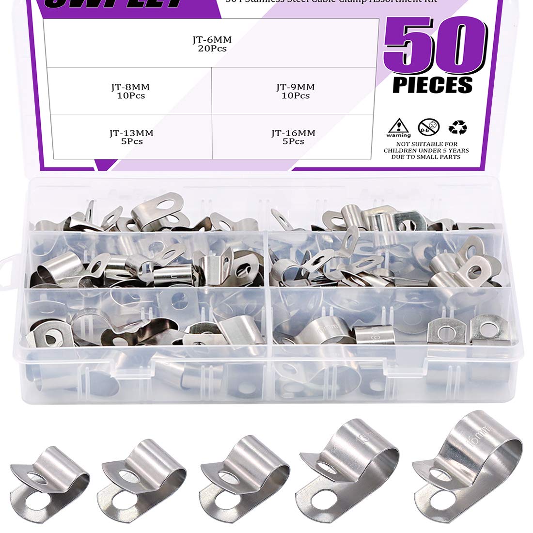 Swpeet 50Pcs 304 Stainless Steel 6mm-16mm Cable Clamps Assortment Kit, Without Rubber Cushioned Clamp, Metal Clamp, Tube Holder for Tube, Pipe or Wire Cord Installation