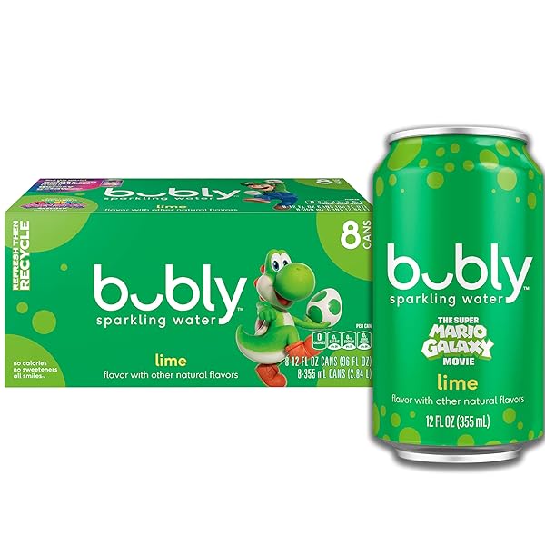 BUBLY SPARKLING WATER, THE SUPER MARIO GALAXY MOVIE LIME, ZERO SUGAR & ZERO CALORIES, 12 FL OZ CANS (PACK OF 8), PACKAGING MAY VARY