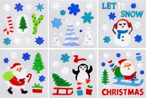 HOHUCRAB Christmas Window Clings Gel - 6 Sheets of Snowman, Blue Snowflakes, Penguin and Santa Claus, Winter & Holiday Designs for Glass Windows