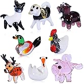 WEWAYSMILE 8 Piece Hand Blown Glass Figurines Glass Miniatures Includes Dog, Rooster, Deer, Cow, Pig, Duck, Palm Civet, Swan Glass Figurines for Collectibles, Home Decoration, Gifts