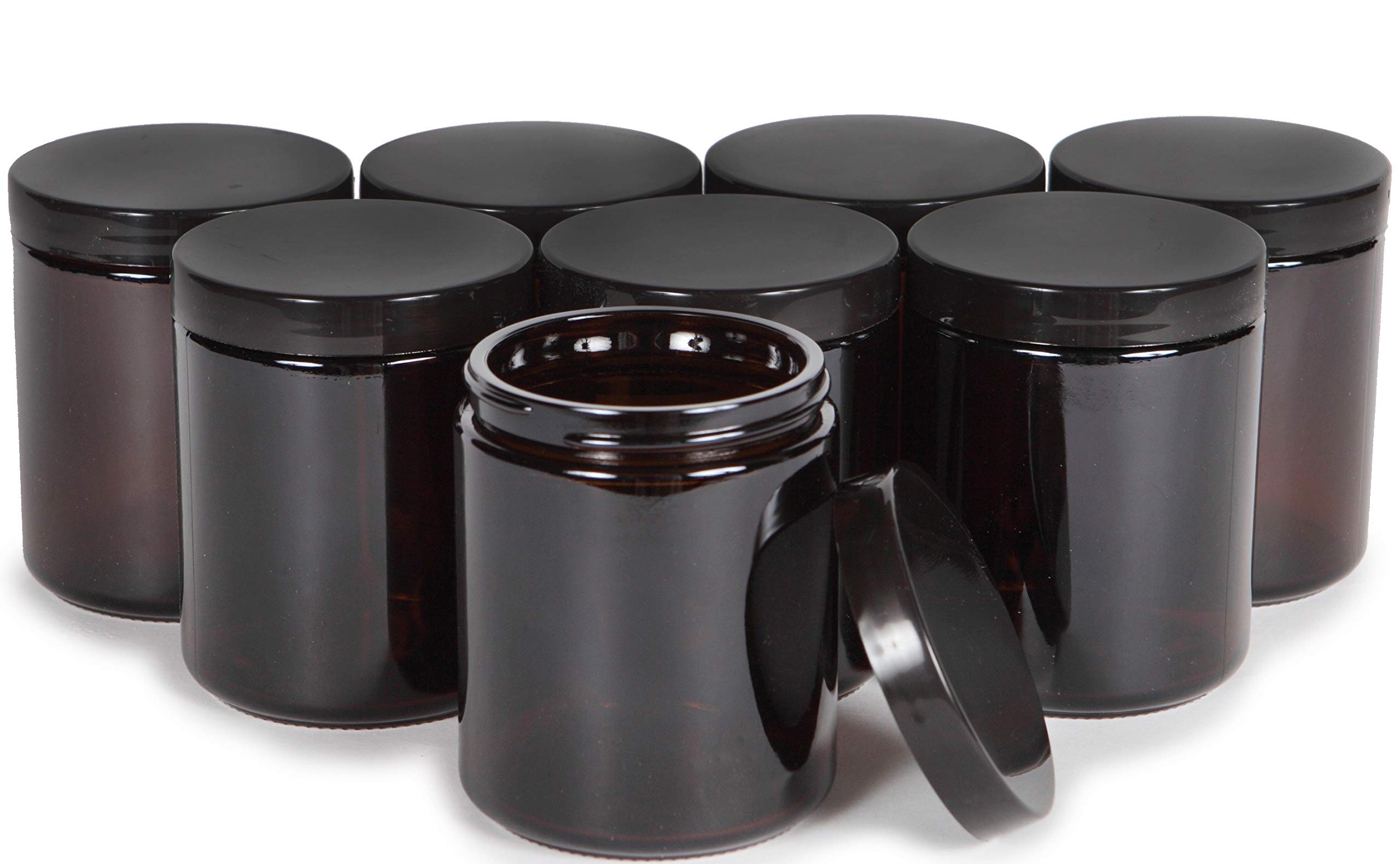 Vivaplex Amber, 8 ounce, Round Glass Jars, with Black Lids - 8 pack