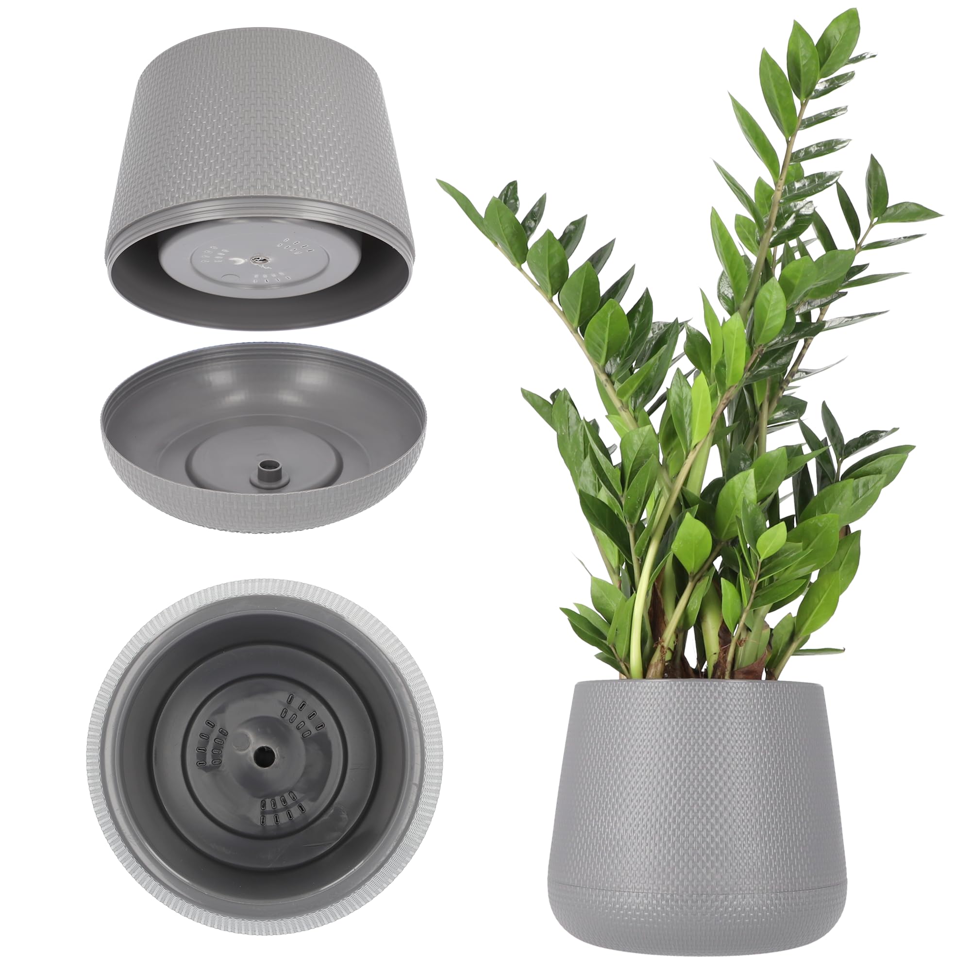 KADAX Plastic Flower Pot Diameter 13-23 cm, 4 Colours, Oval Pot with Saucer Set, Plant Pot, Flower Planter, Plant Pot Planter (Diameter 13 cm, Grey)