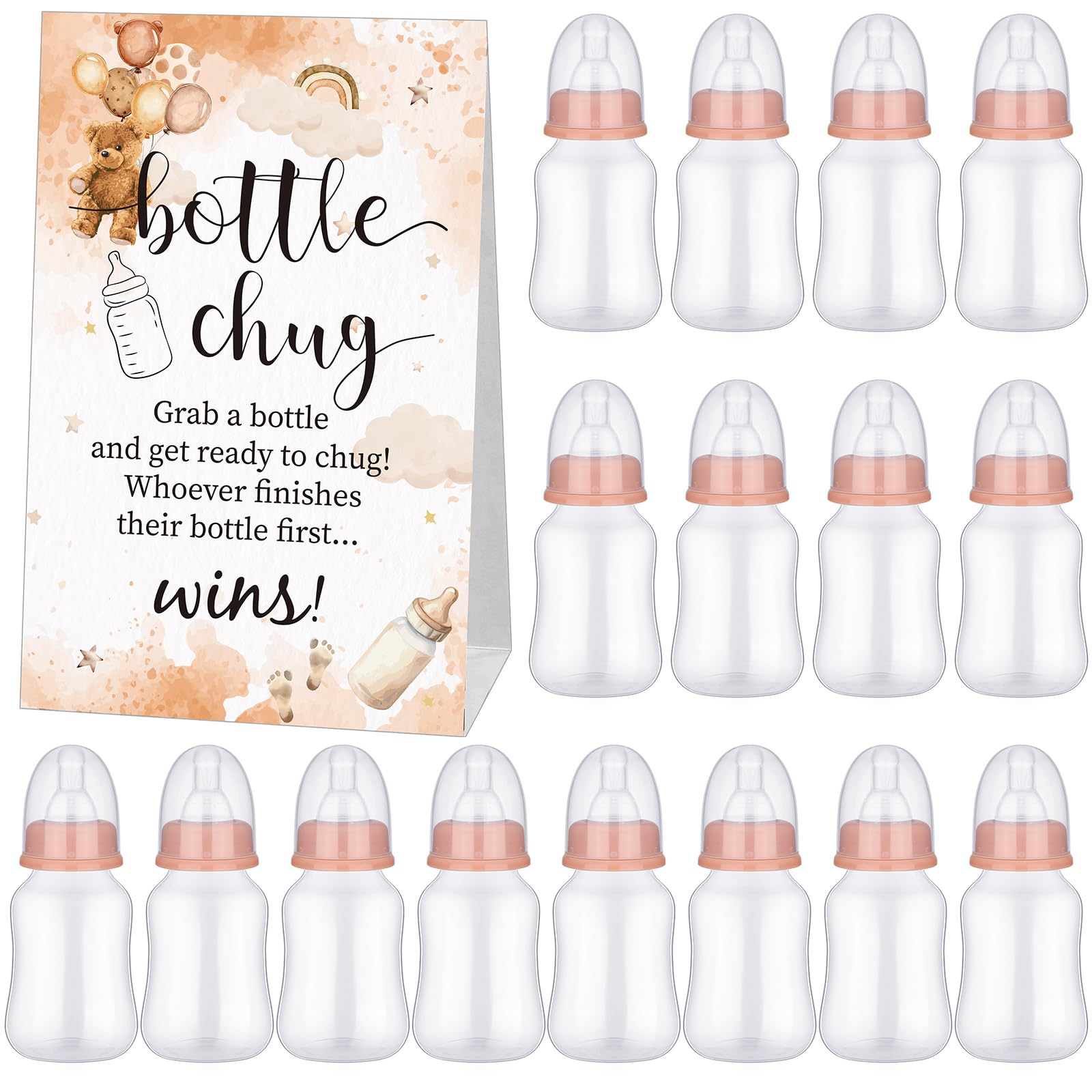 Photo 1 of TrelaCo Bottle Chug Baby Shower Game 20 Pcs Baby Bottles Shower Favor with 1 Classic Theme Sign for Gender Reveal Party Supplies Gifts(Brown)