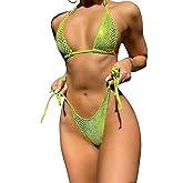 Falainetee Women's Metallic Snakeskin Print Bathing Suit High Waisted Triangle Tie Side Swimsuit Bikini Set