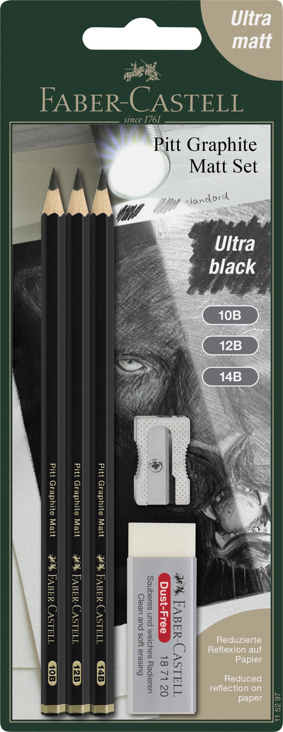 Faber-Castell Pitt Graphite Matt Pencils Set, Includes 3 Pencil 10B, 12B, 14B, Rubber Eraser, Sharpener, Ideal for Artists, Blending, Shading, Drawing, Sketching, Charcoal