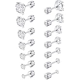 Tornito 7 Pairs 18G 20G Stainless Steel Stud Earrings Round Cubic Zirconia Barbell Earring Set For Men Women 2MM-8MM Silver Tone