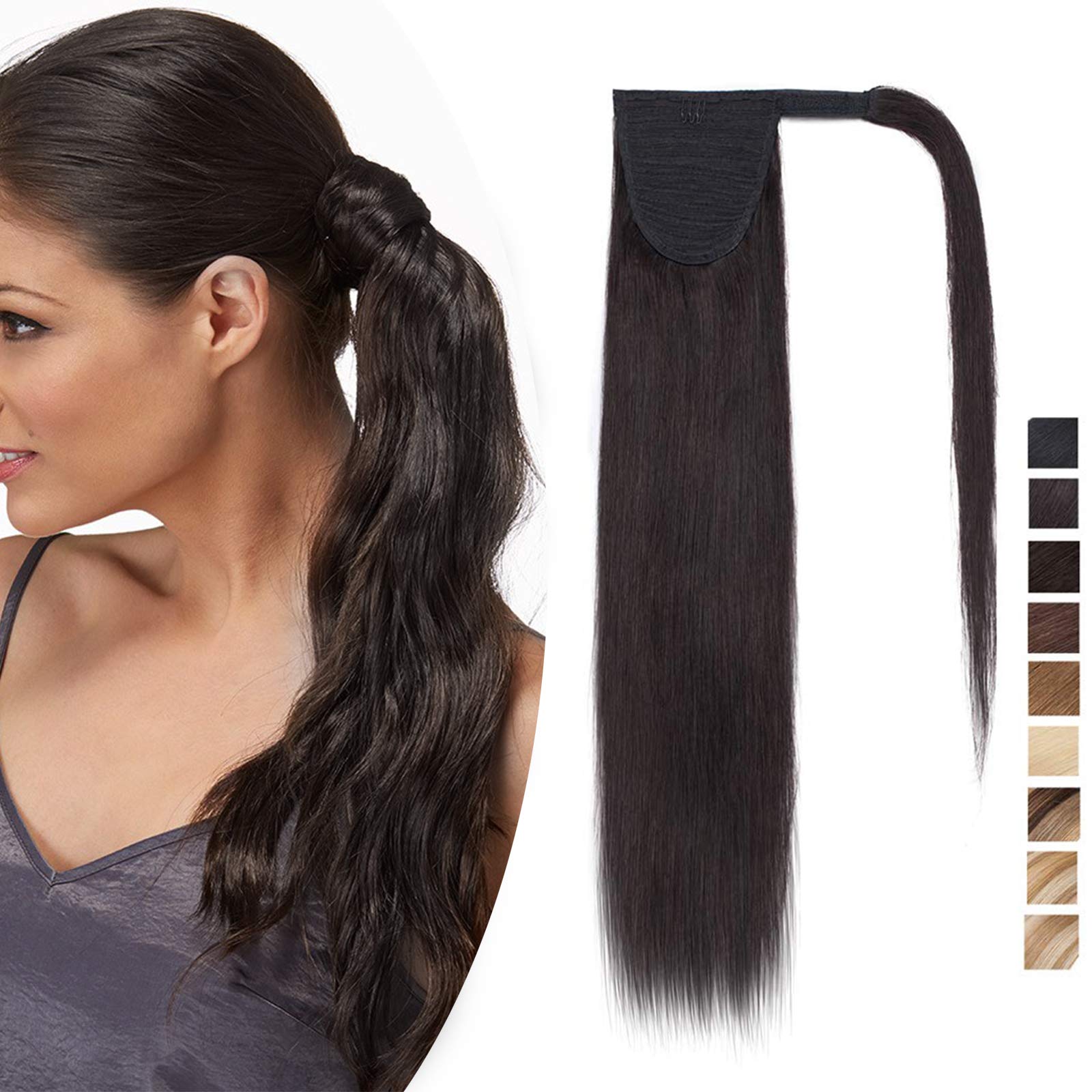 16 inch SEGO Wrap Around Ponytail Extension Human Hair 100% Real Remy [#1B Natural Black] One Piece Clip in Hairpieces for Women Straight (80g)