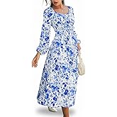 CUPSHE Womens Floral Print Maxi Dress Long Sleeve Smocked Waist Scoop Neck Flowy Fall Elegant Boho Dress