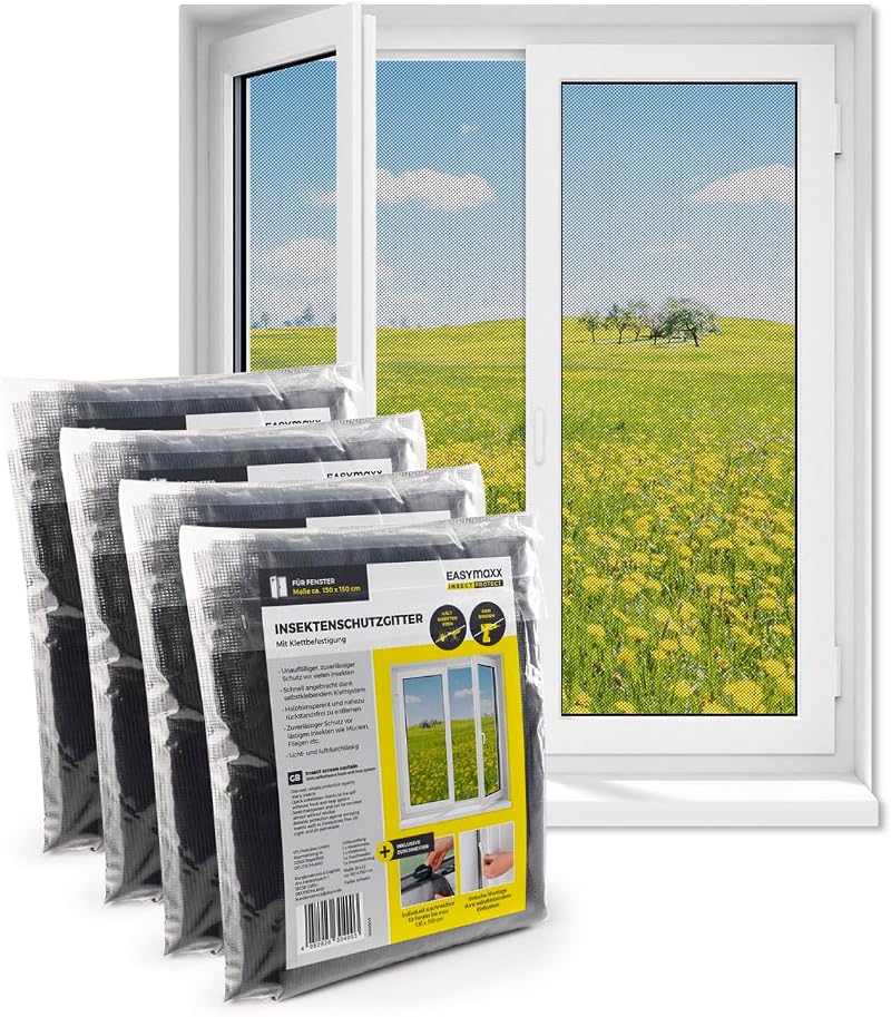EASYmaxx Fly Screen for Window with Hook & Loop Tape – Cut-to-Size Black
