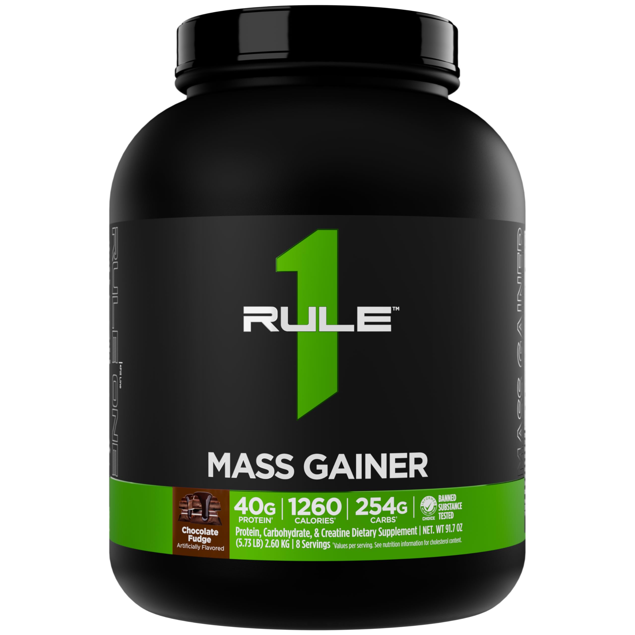 Rule 1 Mass Gainer - High-Calorie Weight Gain Formula with 1,220+ Calories, 250g+ Complex Carb Blend, 40g All-Whey Protein Per Serving (8 Servings, Chocolate Fudge)