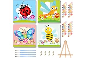 bleihum 4 Pack Paint by Numbers Kit for Kids with Frame Wooden Easel, Easy Paint by Number Kids, Cute Insects DIY Acrylic Oil Painting by Numbers for Home Wall Decor 8x8 Inch