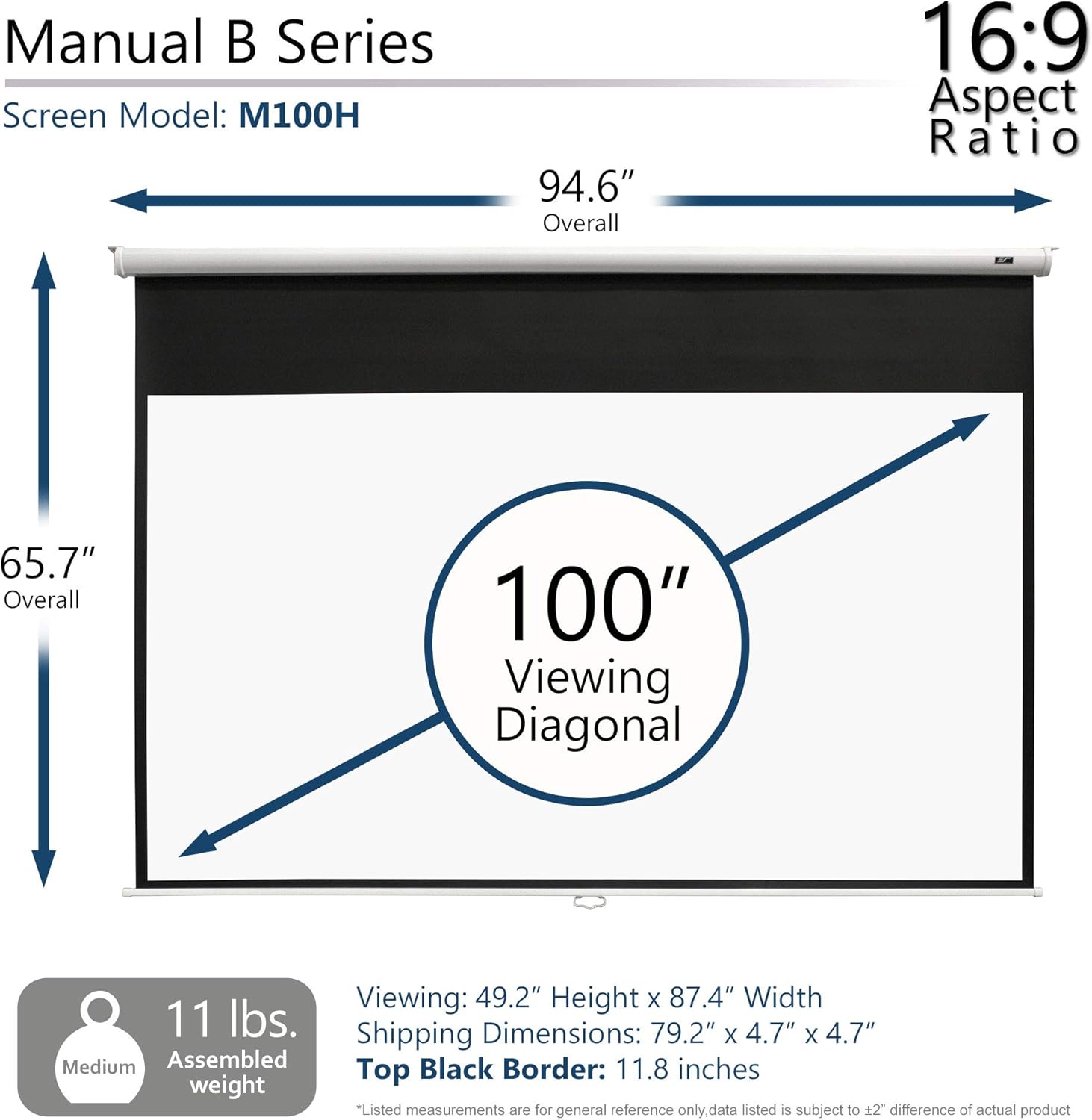 Elite Screens Manual B 100-INCH Manual Pull Down Projector Screen Diagonal 16:9 Diag 4K 8K 3D Ultra HDR HD Ready Home Theater Movie Theatre White Projection Screen with Slow Retract Mechanism M100H: Home Audio & Theater