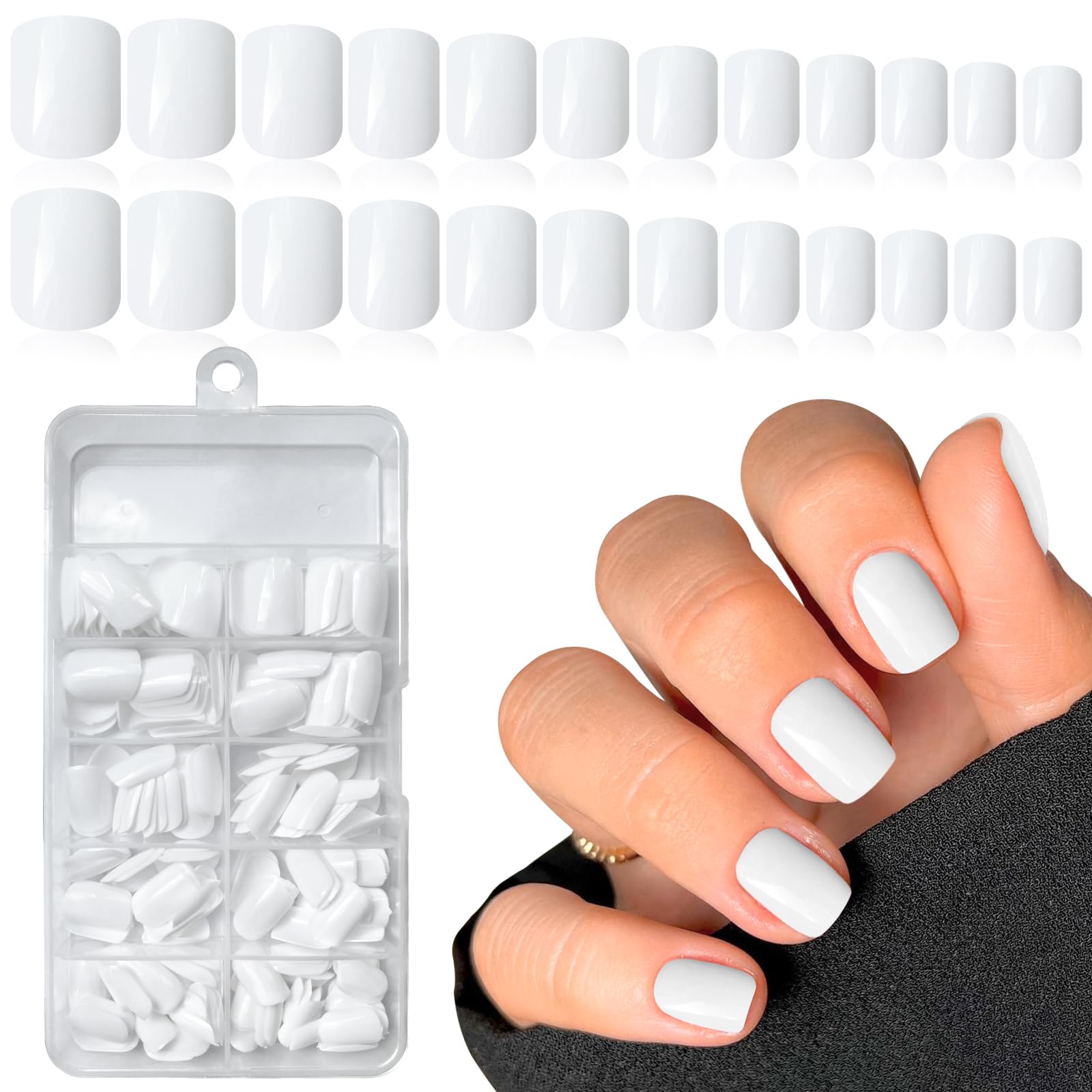 LuckForever Short Press on Nails 240pc Glossy White Press on Nails Short Square Round Fake Nails Full Cover 10 Sheets Nail Adhesive Tabs,Small Wooden Sticks and Nail Files False Nails for Women
