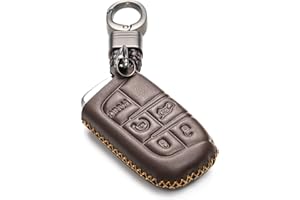 Vitodeco Genuine Leather Smart Key Keyless Remote Entry Fob Case Cover with Key Chain for Jeep, Dodge, Chrysler (5 Buttons, Brown)