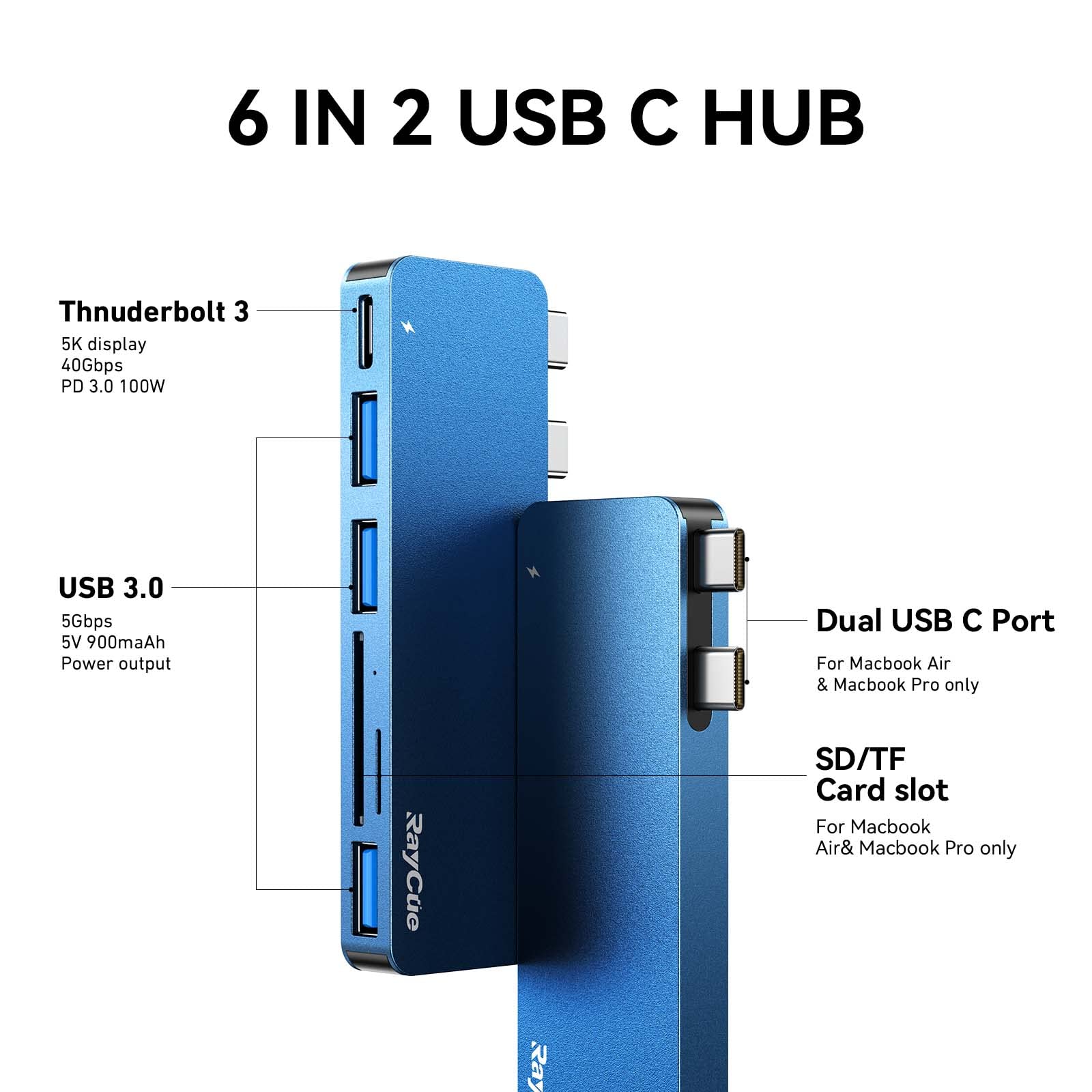 RayCue USB-C Adapter for MacBook Pro/Air - 3 USB 3.0 Ports, Card Reader, Thunderbolt 3 PD Port & MagSafe 3 Charging Support