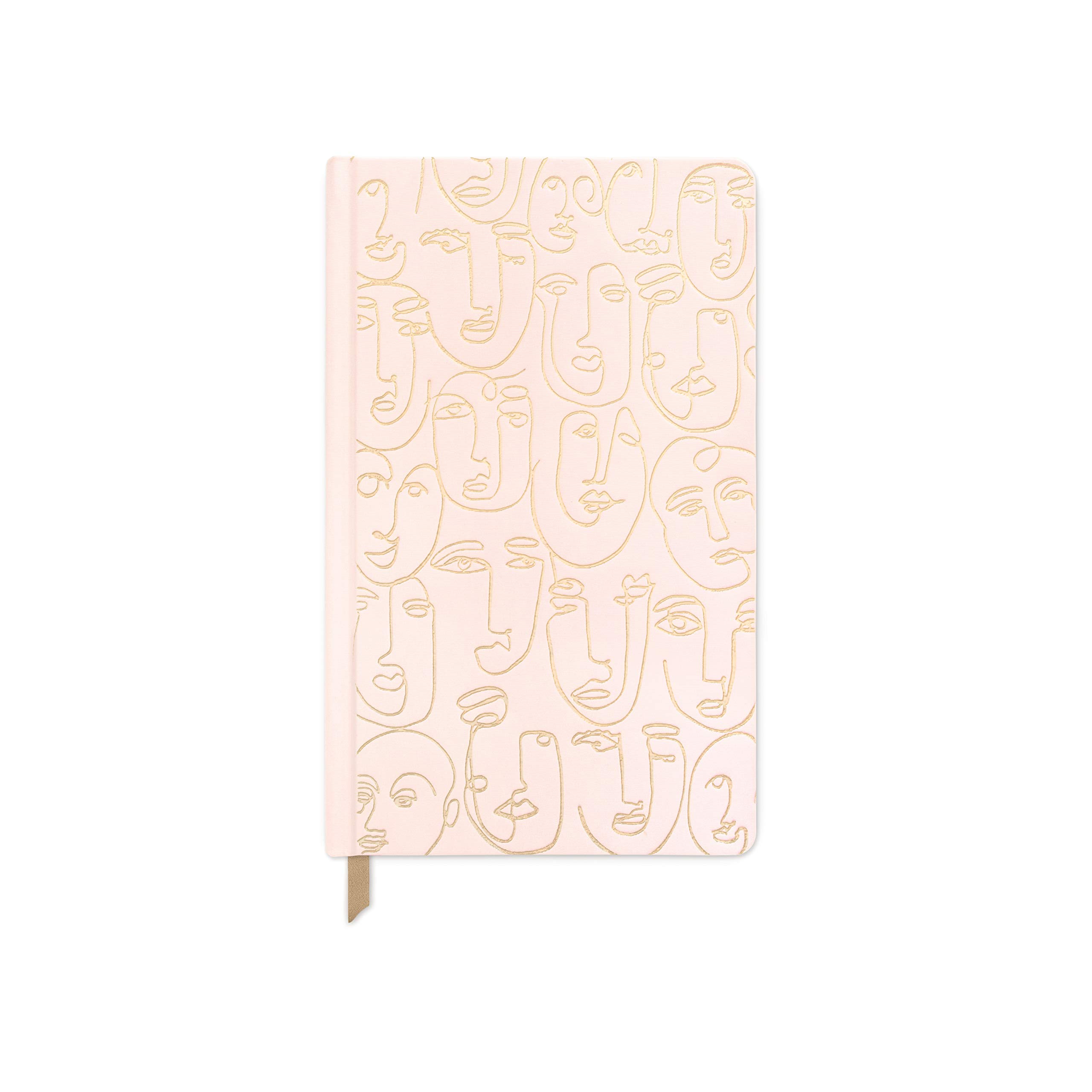 Cloth Hardcover Journal Notebook with Lined Pages and Ribbon Marker for Work, Writing, Journaling - Blush Pink Journal with Gold Faces Abstract Art Design 5.125