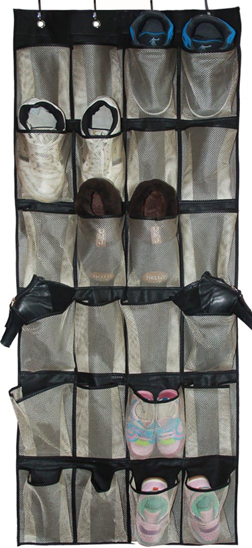 MISSLO Hanging Shoe Rack Over Door Shoe Storage Organiser Holder 24 Large Mesh Pockets with Hanger(Black) - Image 3