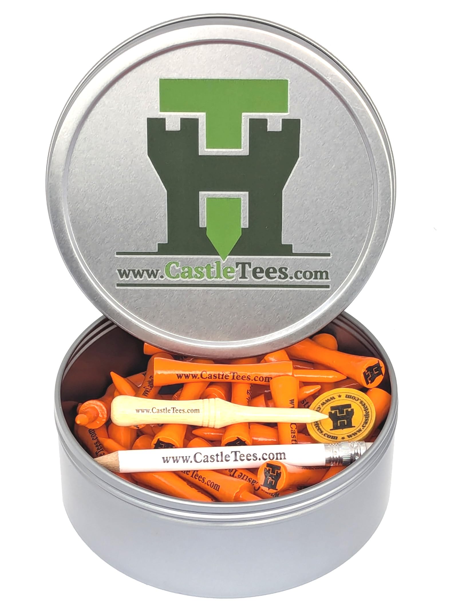 Castle Tees Orange 40 x 70mm 2 ¾ inch Orange Premium Bamboo Golf Tees in a Tin with Free Ball Marker & Free Pencil. Twice the strength of regular bamboo very strong & durable & a Great Golf Gift. — image 1