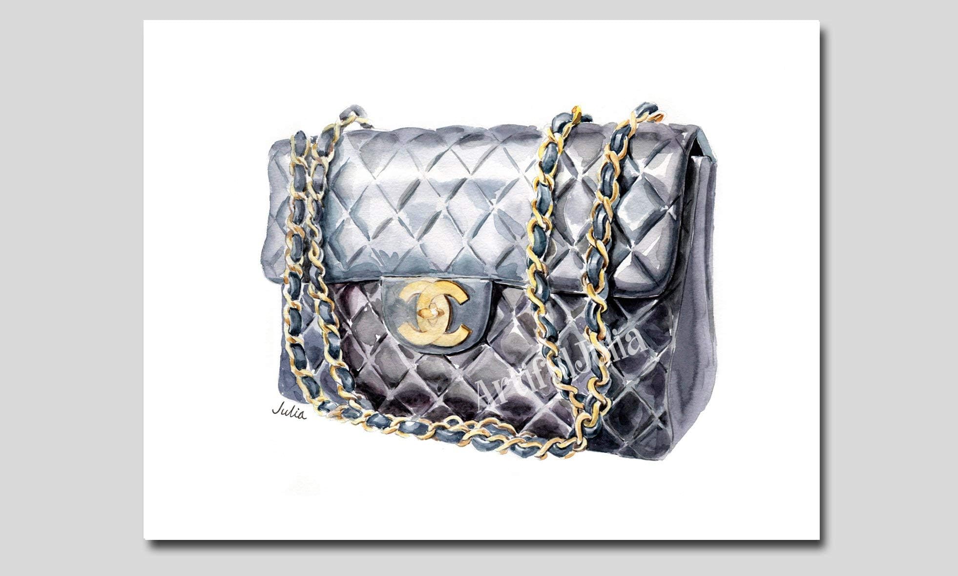 Black Chanel bag art print, Chanel art print of watercolor painting, (NO FRAME), 5"x 7", 8"x 10", 9"x 12", 11"x 14" and 12"x 16"