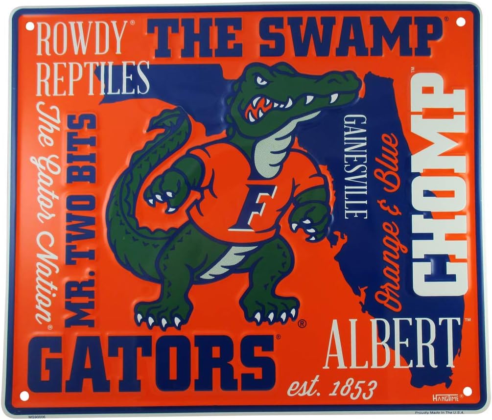 HangTime University of Florida Sign, 14 by 12 Inch Metal Wall Art, Gators Room Decor, Dorm Room Gifts for Gator Football Fan, Decorations for Man Cave