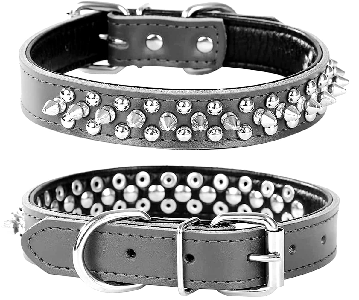 haoyueer Spiked Studded Dog Collar, Genuine Leather Dog Collar, Adjustable Pet Collars for Medium Large Bulldog Pitbull Mastiff Poodle Boxer (L, Black-2)