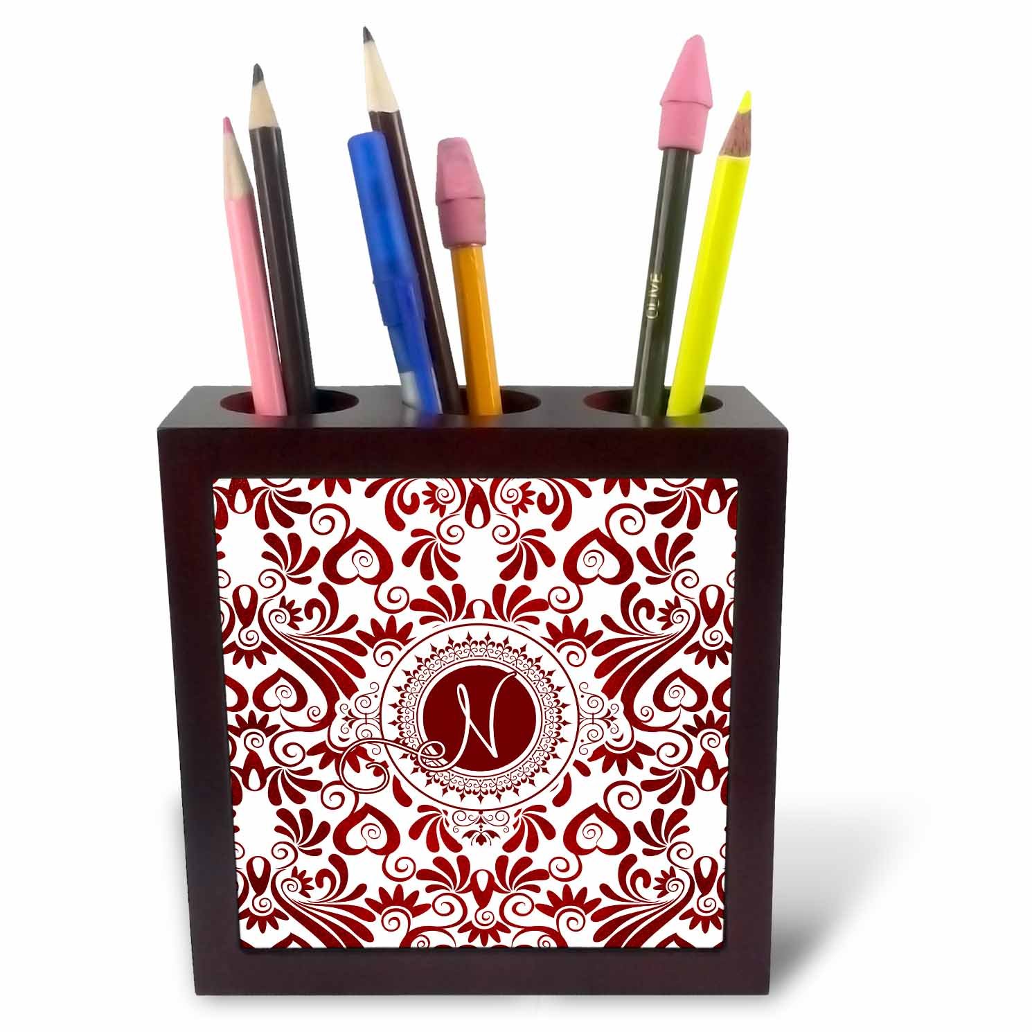 3dRose ph_245307_1 5-Inch "Initial N Monogram with Elegant Swirls" Tile Pen Holder - Red/White
