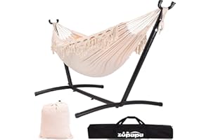 Zupapa 2 Person Hammock with Stand and Carrying Case, 550 Capacity, Portable for Living Room, Garden, Tassel Macrame White