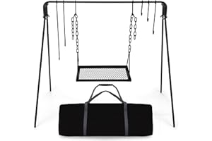 Bruntmor Grill Swing Campfire Cooking Stand BBQ Grill for Cookware & Dutch Oven Adjustable Collapsible Legs with Hooks & Accessories & Carrying Case Black