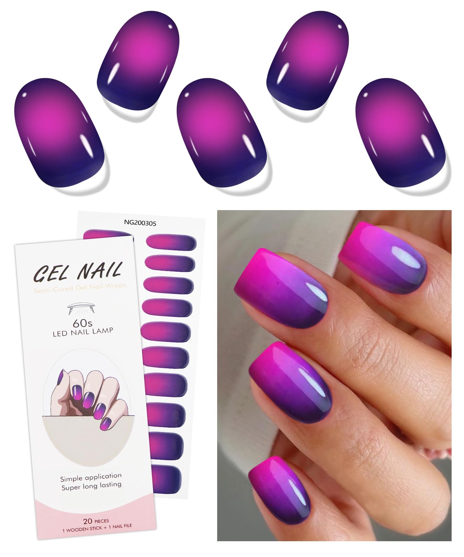 JMEOWIO Gel Nail Stickers Pink Purple Semi Cured Gel Nail Strips Wraps UV/LED Nails Art Design Decoration Accessories