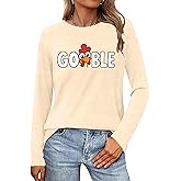 Tewmeu Thanksgiving Long Sleeve Shirts for Women Funny Gobble Turkey Graphic Tee Fall Thanksgiving Outfit