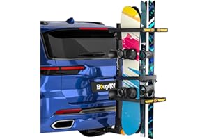BougeRV 2025 Hitch Ski Snowboard Rack with Security Lock, Folding and Tilting for Trunk Access Fits 2" Receiver, Max Load 6 Pairs of skis or 4 Snowboards (Includes 4 Webbing Buckles)