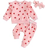 RWYBEIW Toddler Baby Girl Valentines Day Outfit Bow Heart Print Long Sleeve Sweatshirt Top Jogger Pants 3Pcs Cute Clothes Set