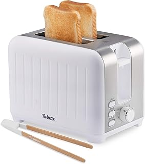 Twinzee - Toaster mit Breitem Schlitz 3 in 1 - Weiß Matt Edelstahl, Retro-Toaster - Gratis Bambus-Zange - 7 Bräunungsstufen - Brötchenaufsatz und Krümelschublade