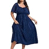 SCOMCHIC Women's Plus Size Formal Dresses Square Neck Short Sleeve Lace Floral Smocked Flowy Long Maxi Wedding Guest Dress