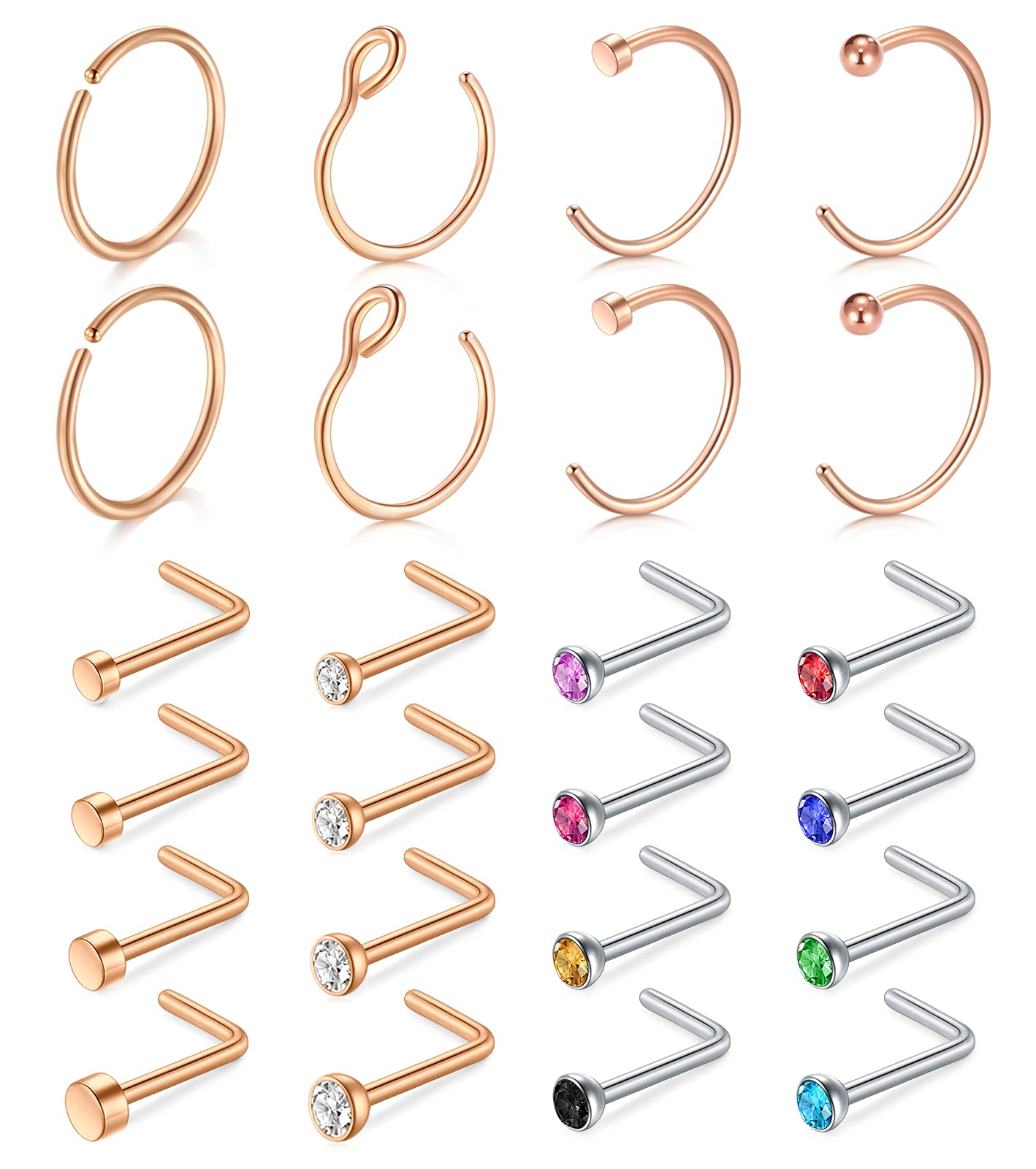 D.Bella L Shaped Nose Stud & Hoop Nose Rings - 24Pcs Stainless Steel Nose Piercing Jewellery Set